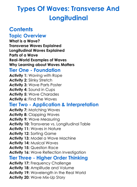 Types Of Waves Transverse And Longitudinal Worksheet Activity Booklet
