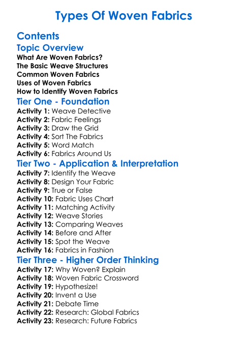 Types Of Woven Fabrics Worksheet Activity Booklet