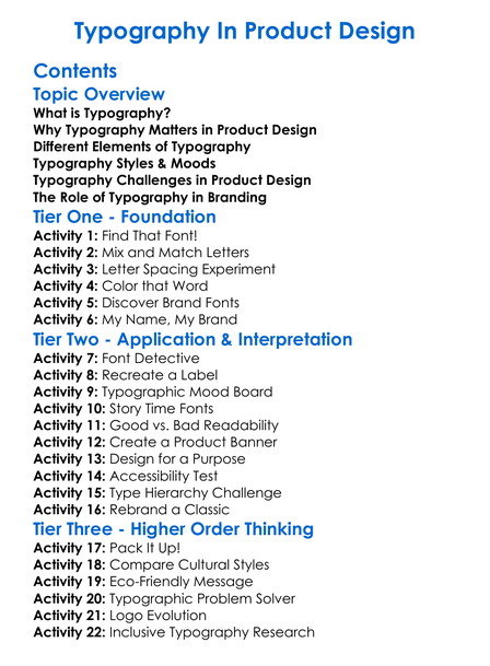 Typography In Product Design Worksheet Activity Booklet
