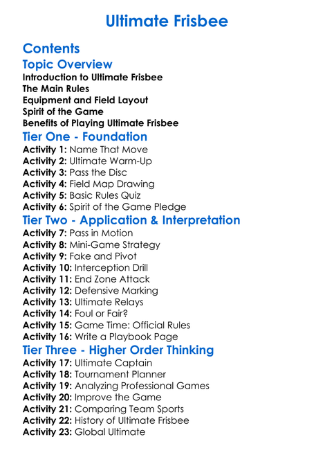 Ultimate Frisbee Worksheet Activity Booklet