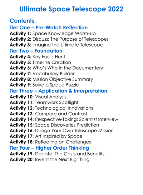 Ultimate Space Telescope 2022 Worksheet Activity Booklet
