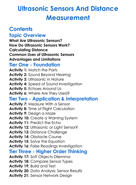 Ultrasonic Sensors And Distance Measurement Worksheet Activity Booklet