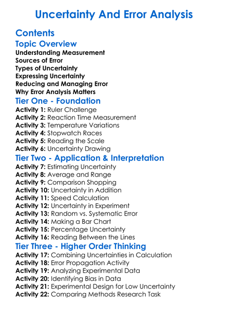 Uncertainty And Error Analysis Worksheet Activity Booklet