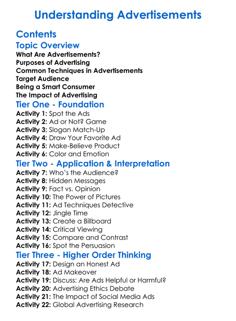 Understanding Advertisements Worksheet Activity Booklet