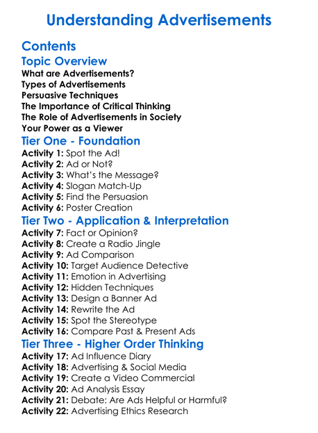 Understanding Advertisements Worksheet Activity Booklet