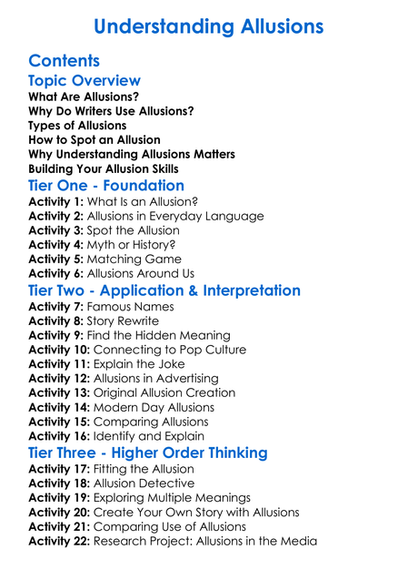 Understanding Allusions Worksheet Activity Booklet