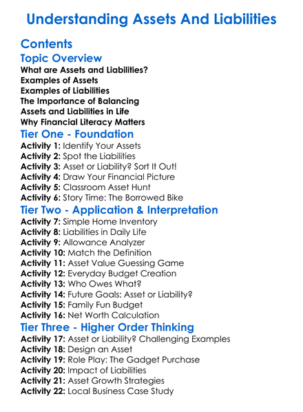 Understanding Assets And Liabilities Worksheet Activity Booklet
