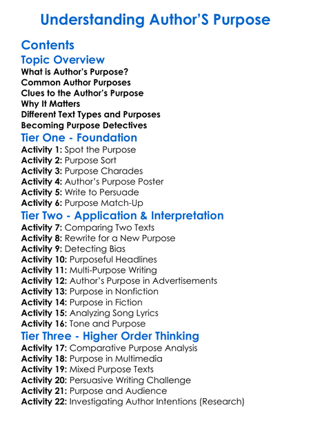 Understanding Authors Purpose Worksheet Activity Booklet