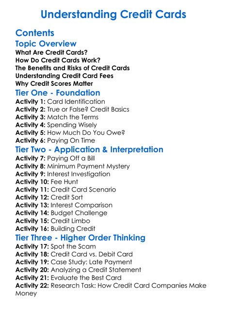 Understanding Credit Cards Worksheet Activity Booklet