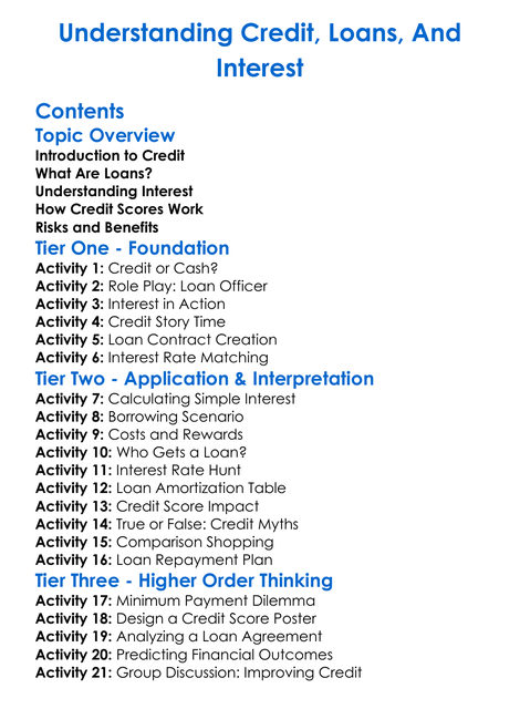Understanding Credit Loans And Interest Worksheet Activity Booklet