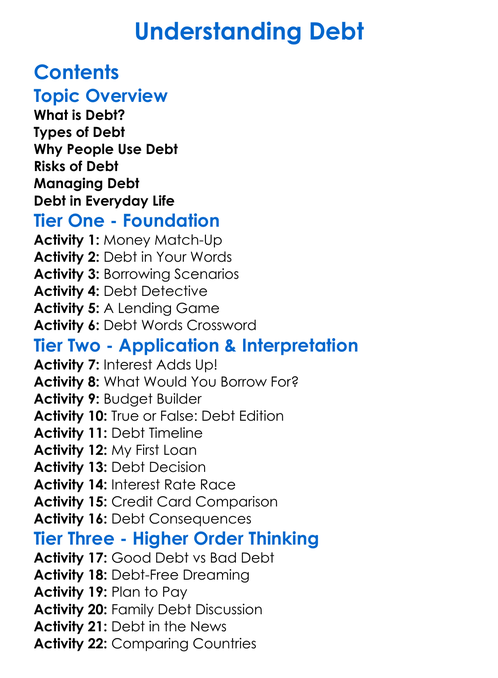 Understanding Debt Worksheet Activity Booklet