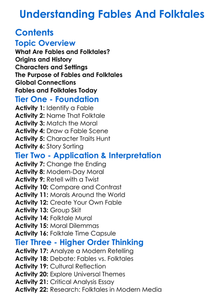 Understanding Fables And Folktales Worksheet Activity Booklet