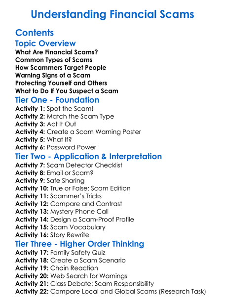 Understanding Financial Scams Worksheet Activity Booklet