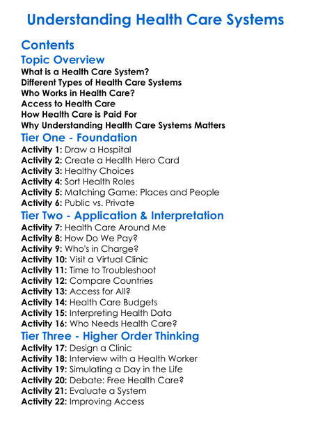 Understanding Health Care Systems Worksheet Activity Booklet