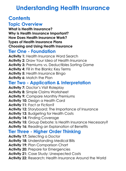 Understanding Health Insurance Worksheet Activity Booklet
