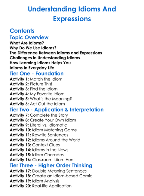 Understanding Idioms And Expressions Worksheet Activity Booklet