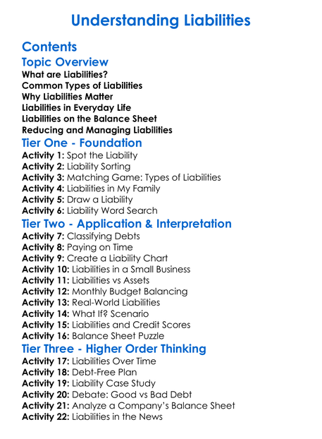 Understanding Liabilities Worksheet Activity Booklet