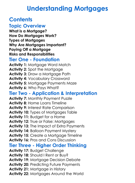 Understanding Mortgages Worksheet Activity Booklet