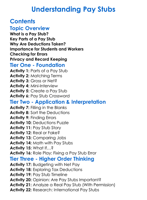Understanding Pay Stubs Worksheet Activity Booklet