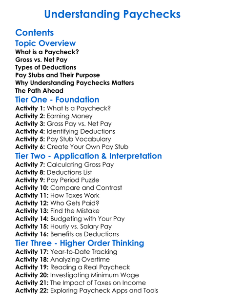 Understanding Paychecks Worksheet Activity Booklet