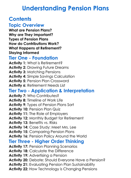 Understanding Pension Plans Worksheet Activity Booklet