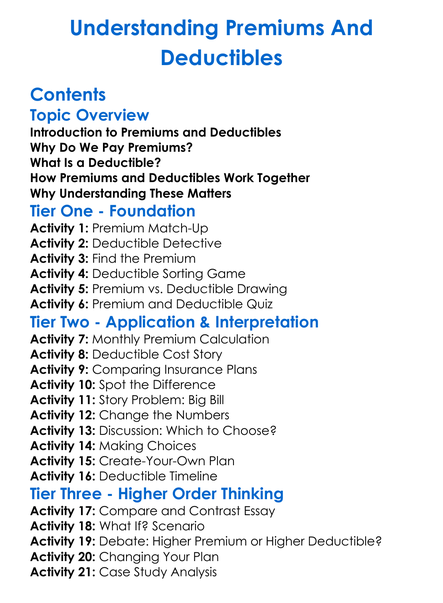 Understanding Premiums And Deductibles Worksheet Activity Booklet