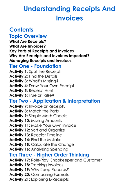 Understanding Receipts And Invoices Worksheet Activity Booklet