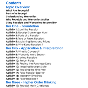 Understanding Receipts And Warranties Worksheet Activity Booklet