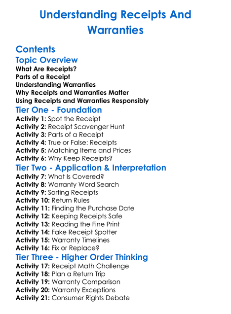 Understanding Receipts And Warranties Worksheet Activity Booklet