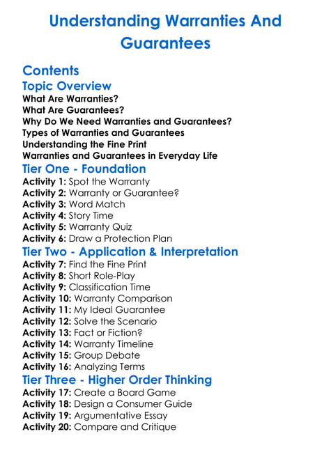 Understanding Warranties And Guarantees Worksheet Activity Booklet