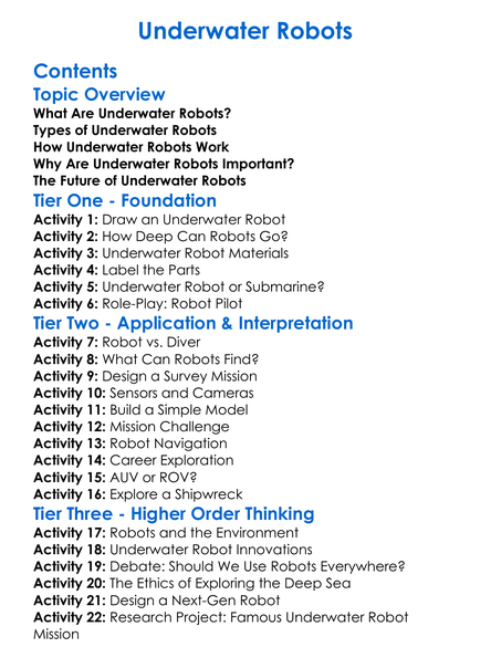 Underwater Robots Worksheet Activity Booklet