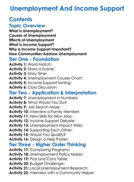 Unemployment And Income Support Worksheet Activity Booklet
