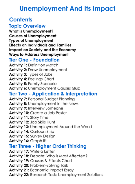 Unemployment And Its Impact Worksheet Activity Booklet