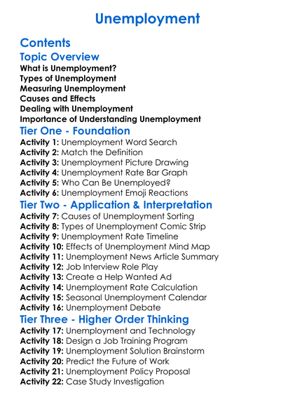 Unemployment Worksheet Activity Booklet