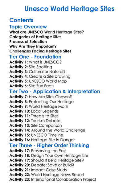 Unesco World Heritage Sites Worksheet Activity Booklet