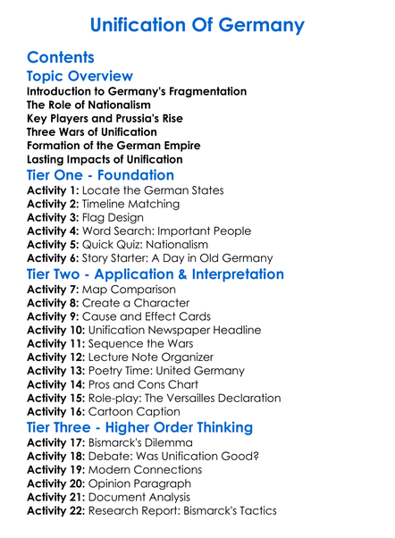 Unification Of Germany Worksheet Activity Booklet