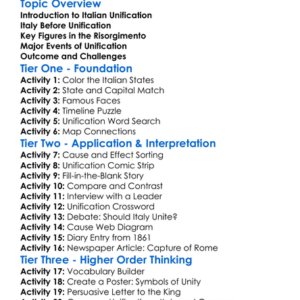 Unification Of Italy Worksheet Activity Booklet