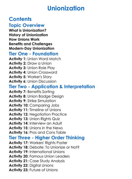 Unionization Worksheet Activity Booklet