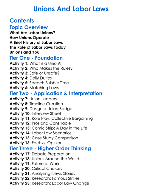 Unions And Labor Laws Worksheet Activity Booklet