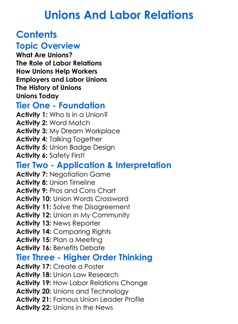 Unions And Labor Relations Worksheet Activity Booklet