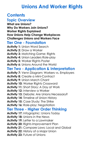 Unions And Worker Rights Worksheet Activity Booklet