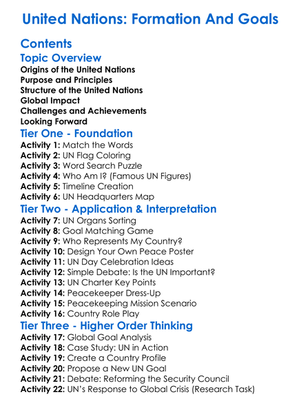 United Nations Formation And Goals Worksheet Activity Booklet