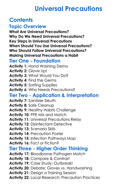 Universal Precautions Worksheet Activity Booklet