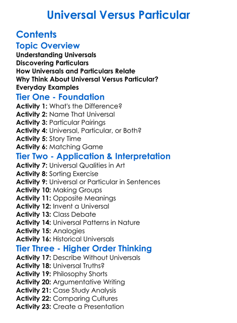Universal Versus Particular Worksheet Activity Booklet