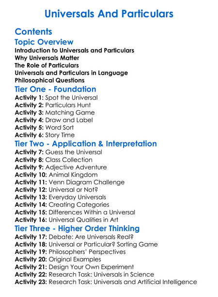 Universals And Particulars Worksheet Activity Booklet