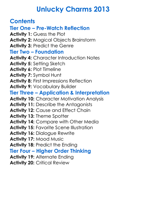 Unlucky Charms 2013 Worksheet Activity Booklet
