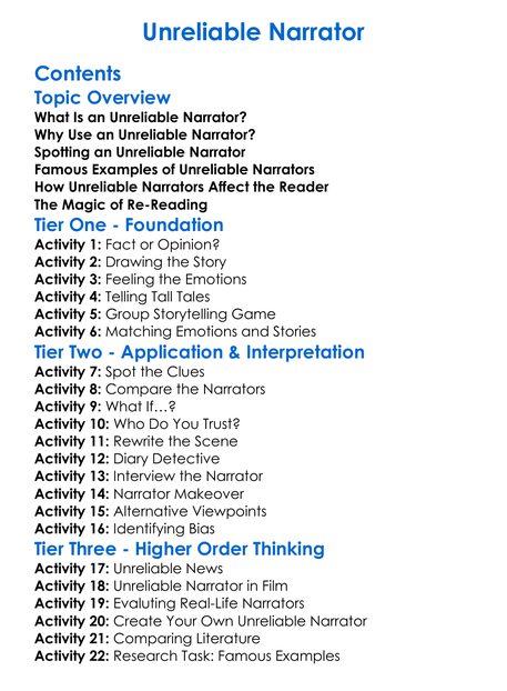 Unreliable Narrator Worksheet Activity Booklet
