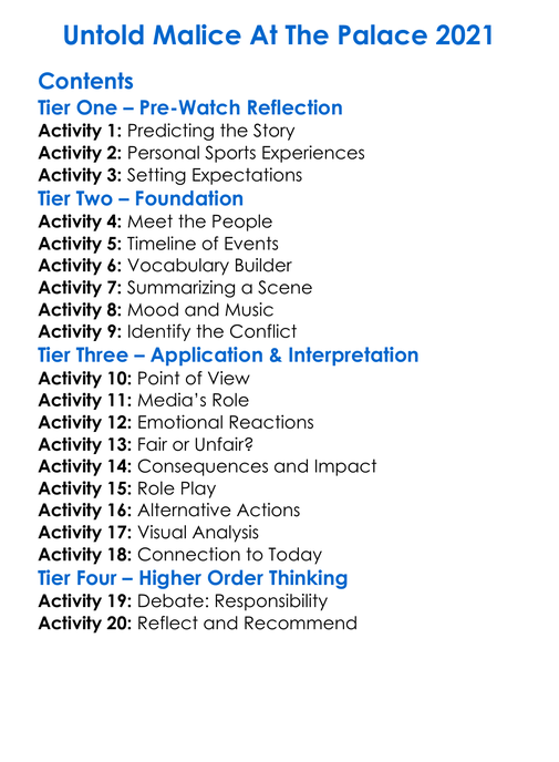 Untold Malice At The Palace 2021 Worksheet Activity Booklet