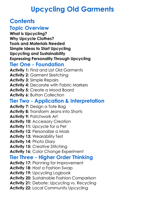 Upcycling Old Garments Worksheet Activity Booklet