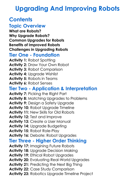 Upgrading And Improving Robots Worksheet Activity Booklet